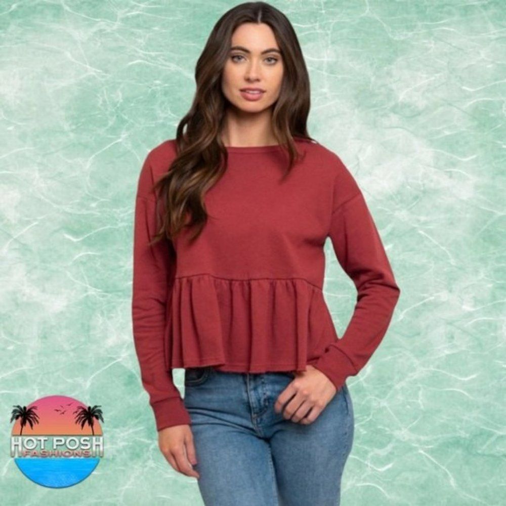 Burgundy Ruffle Bottom Peplum Sweatshirt size Medium